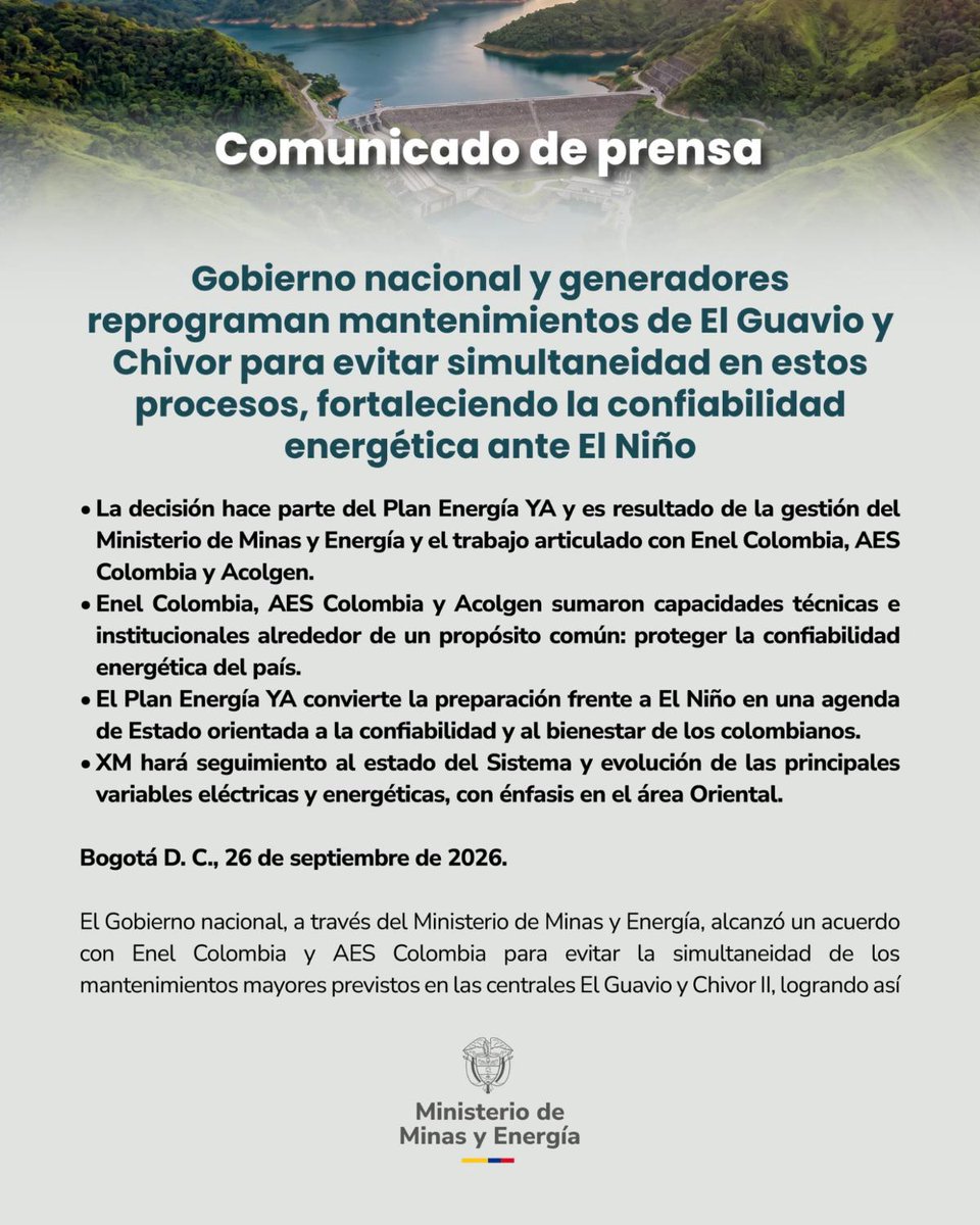 larepublica_co's tweet photo. #Atento | El Ministerio de Minas y Energía, alcanzó un acuerdo con Enel Colombia y AES Colombia para cambiar de fechas los mantenimientos mayores de las centrales hidroeléctricas El Guavio y Chivor II, evitando que se hagan al mismo tiempo durante el periodo crítico del fenómeno de El Niño