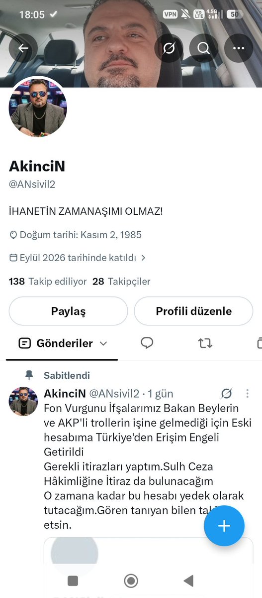 ANSivil's tweet photo. Kıymetli dostlar. Fon vurgunu haberlerimin, akp yolsuzluk haberlerimin ardından Hesabım Türkiye'den erişim yasağı aldı. Yani erişime engellendi. Kapatıldı. Aşağıdaki hesap yeni hesabım. Gören takip etsin. Yeniden güçlü döneceğim. X magduru olduk. Yalnız birakmayin. https://t.co/ZoTbHC1H4e
