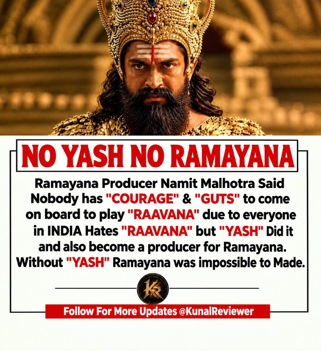 kunalreviewer's tweet photo. 🚨🚨NO "YASH" NO "RAMAYANA"💥💥💥💥💥

Producer #NamitMalhotra Said Nobody has Guts and Courage to play RAAVANA due to everyone in INDIA Hates but YASH did it🙏🙏

#Yash #Ramayana #Ranbir #YashBOSS https://t.co/e019ZjwMym