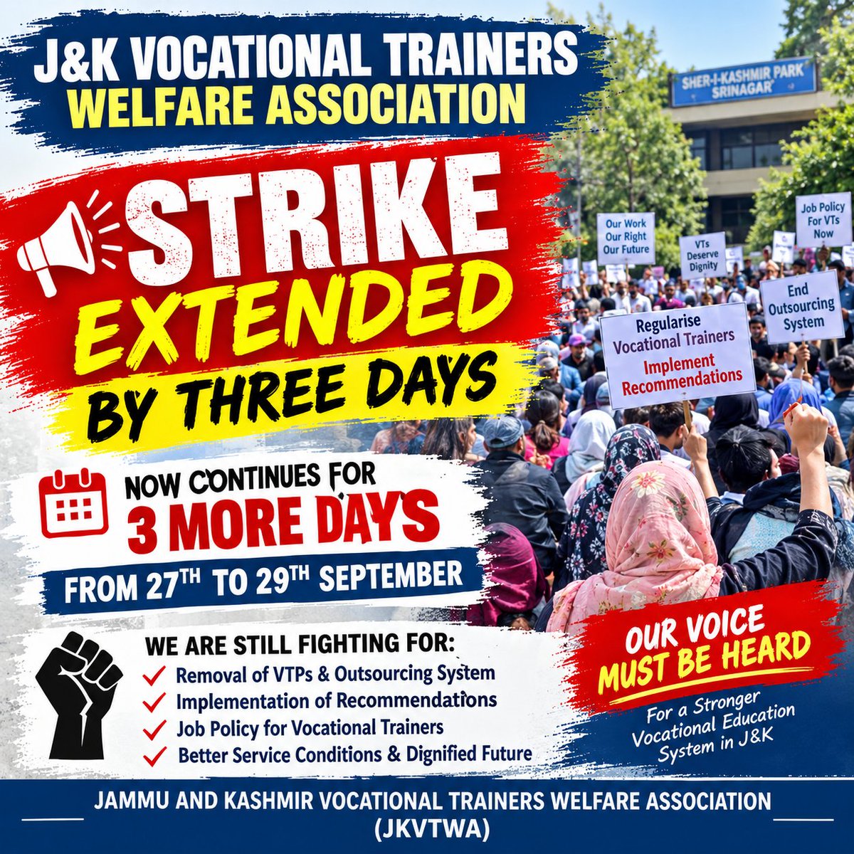 JKVTWA's tweet photo. After 3 days of peaceful protest, the J&amp;K Vocational Trainers Welfare Association has extended the strike for 3 more days.
Our demands remain clear:
1. End the outsourcing system 
2. Implement the submitted recommendations &amp;
3. Ensure a job policy for VTs.
Our struggle continues. https://t.co/EgJGuERcsn