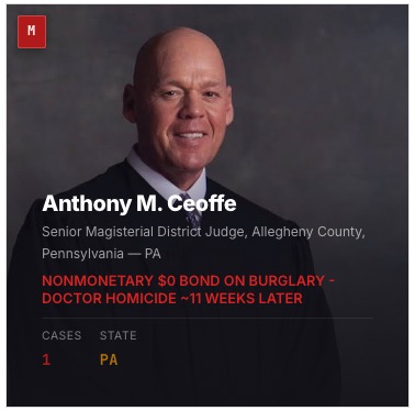 Pink_Meeces's tweet photo. ARMED FELON FREED ON $0 CASHLESS BAIL FOR HOME BURGLARY.  HE EXECUTED A PEDIATRIC ICU DOCTOR IN HIS BED.

Senior Magisterial District Judge Anthony M. Ceoffe (Allegheny County, PA) released violent repeat offender Elijah S. Hemingway on non-monetary ($0) bail following a felony residential burglary arrest.

Just 11 weeks later, Hemingway broke into the Edgewood home of UPMC Children’s Hospital doctor Idris Evans, stabbing the physician to death while his children slept nearby.