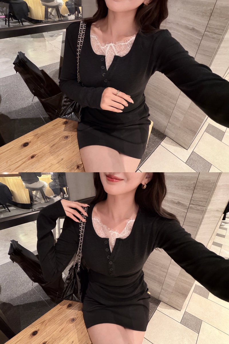 chocom___'s tweet photo. GRLのレース付きヘンリーネックトップス🖤最初からレース付いてるの便利すぎる。 側面にギャザー入ってるから細見え効果アリ◎ #GRL #グレイル https://t.co/SnIyWmcMvR