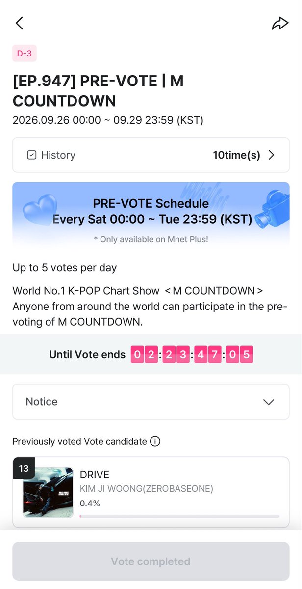 globalkjwVT's tweet photo. Voting has reset!

Don’t forget to vote KIM JI WOONG ‘DRIVE’ in “[EP.947] PRE-VOTE | M COUNTDOWN” at Mnet Plus app!

Up to 5 votes per day

🗓️September 29, 23:59 KST
🔗 https://t.co/PQp7dhmHHn

#김지웅 #KIMJIWOONG #キムジウン #金地雄 https://t.co/g9msEL47MD