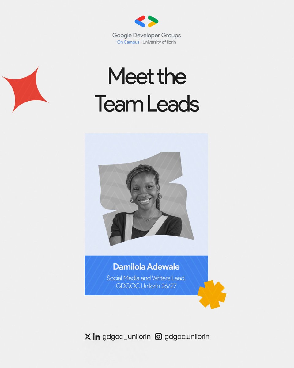gdgoc_unilorin's tweet photo. Meet Damilola Adewale, our Social Media and Writers Lead for GDGoC Unilorin🥳

She will be shaping the voice of our community, from the words that tell our story to the content that keeps everyone in the loop.

With a way with words, we're excited to have her leading this. https://t.co/b3nsDPHeHg