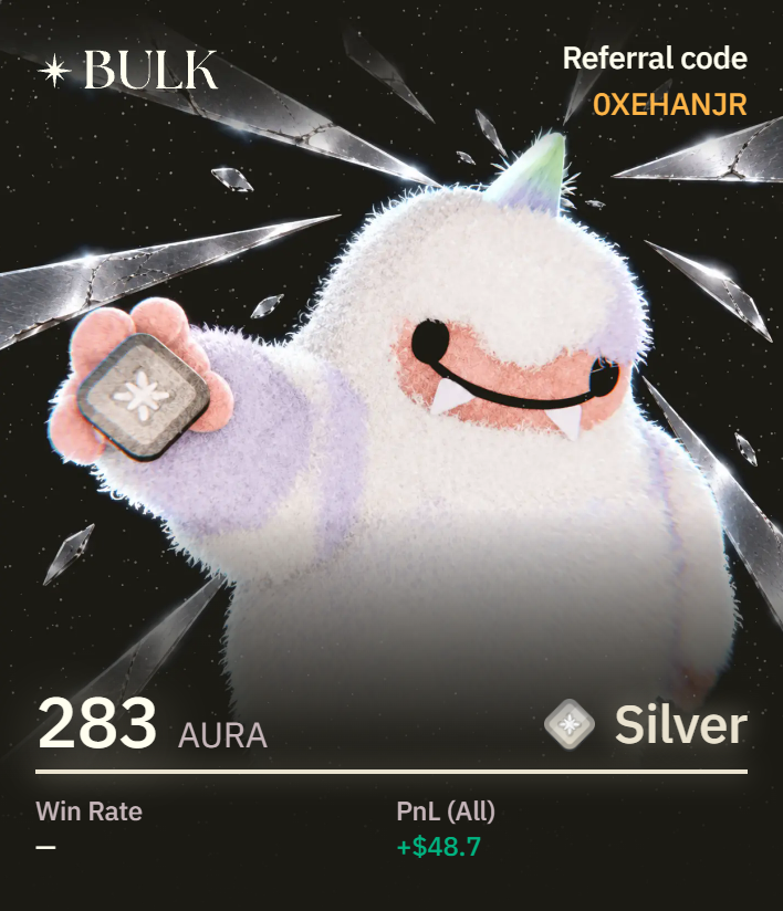0xEhanJR's tweet photo. I just hit Silver on @bulktrade!
If you need frees code take it
BULK-D9T-JT4
BULK-W56-KXA
BULK-PBX-WS9
BULK-RGE-AZ9
Use code ‘0XEHANJR’ to join the Challenger Series and start earning AURA https://t.co/jIAUwm38cW
#perp #AirdropAlert https://t.co/D3A7C3AG2Z