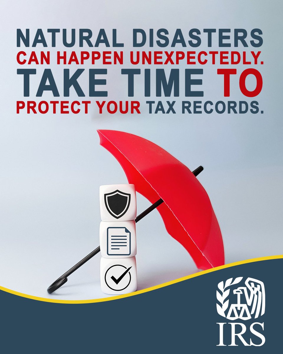 IRStaxpros's tweet photo. A natural disaster can strike anytime. Make sure you and your clients are prepared by protecting important documents and keeping a record of your valuables. Learn more from the #IRS: https://t.co/szCrly2B1Z #NationalDisasterPreparednessMonth https://t.co/Fp9HkDrqfr