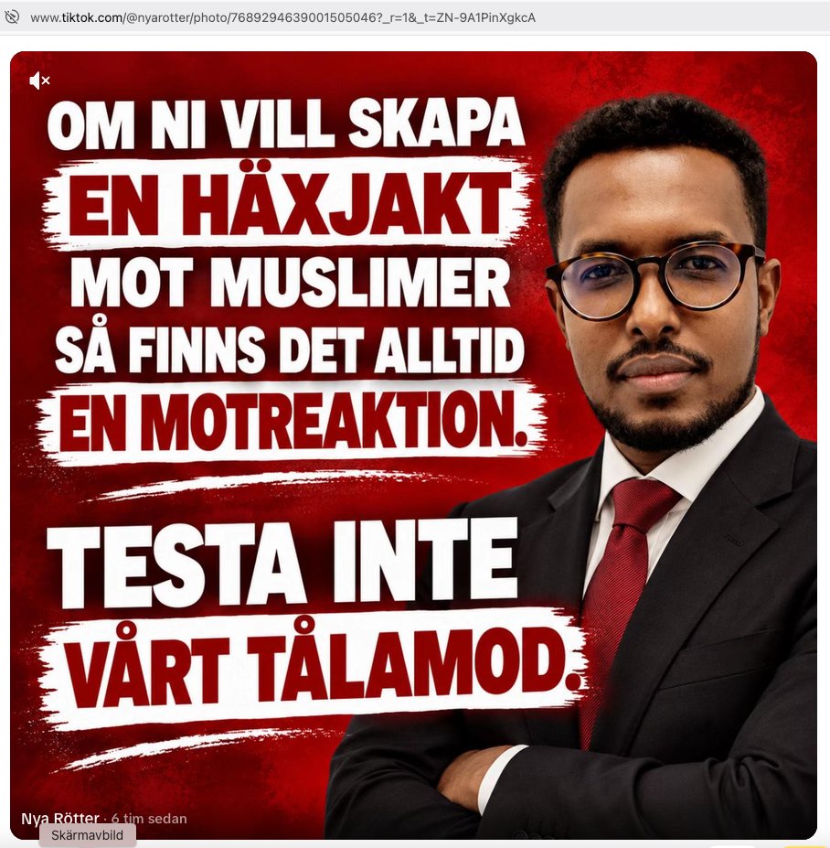 erik1955viby's tweet photo. Är det här ett hot mot Sverige och svenskarna?

Det är nog svårt att uppfatta det på annat sätt än:
- Kritisera inte islam och muslimer.
- I så fall tillgripper vi en motreaktion (våld?).

Varför accepterar vi deras hotelser här i vårt eget land?

Bilden är en skärmdump från ett inlägg på TikTok.