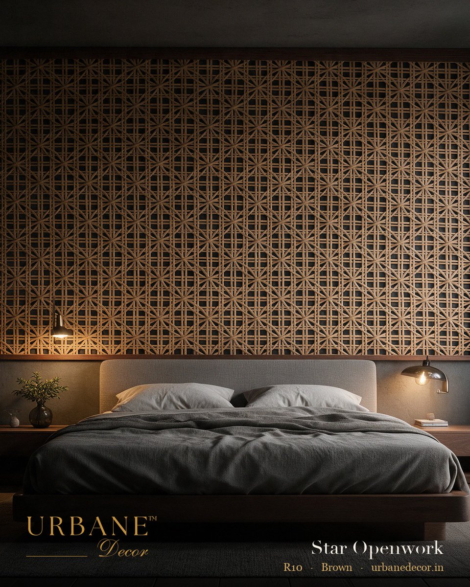 UrbaneDecor24's tweet photo. Star Openwork Cane, Brown. A six-point star lattice, used as a bedroom feature wall, wardrobe shutters and a ceiling panel. 750x60 cm roll, ~50 sq ft. (Ref. R10)

Samples on request. Dispatch in 24h, Mumbai same-day.
https://t.co/JVBx9eSLw4

#rattancane #interiordesign https://t.co/KKxfA8c4Gc