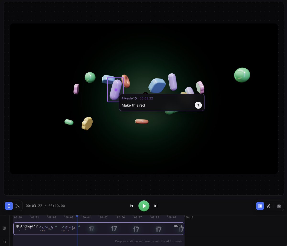 haxzie_'s tweet photo. One of the reasons I am bullish on @genmotionhq is that, it allows fine grained control over prompting at even the tiny elements on a video.

We already have it working fantastically well for React and Hyperframes videos.

Selection prompting is coming soon to 3D scenes created using Threejs as well soon 🙌