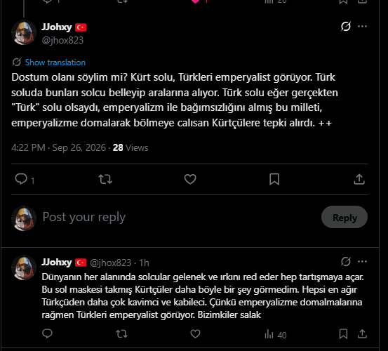 jhox823's tweet photo. Siz komunistler sanıyorsunuz ki bu topraklarda yöneticiler gibi Türk milletide emperyalizm yalakası. O yüzden 1-2 yöneticiye kızıp, sözde Kürt solunu içlerine alıyolar. Kürt solu nedir diyorsan aşağıdaki ss'i oku. Hangi Türk komunisti benliğini unutmamış lan? HKP'var sayıları az. https://t.co/BPKIcWjr6d