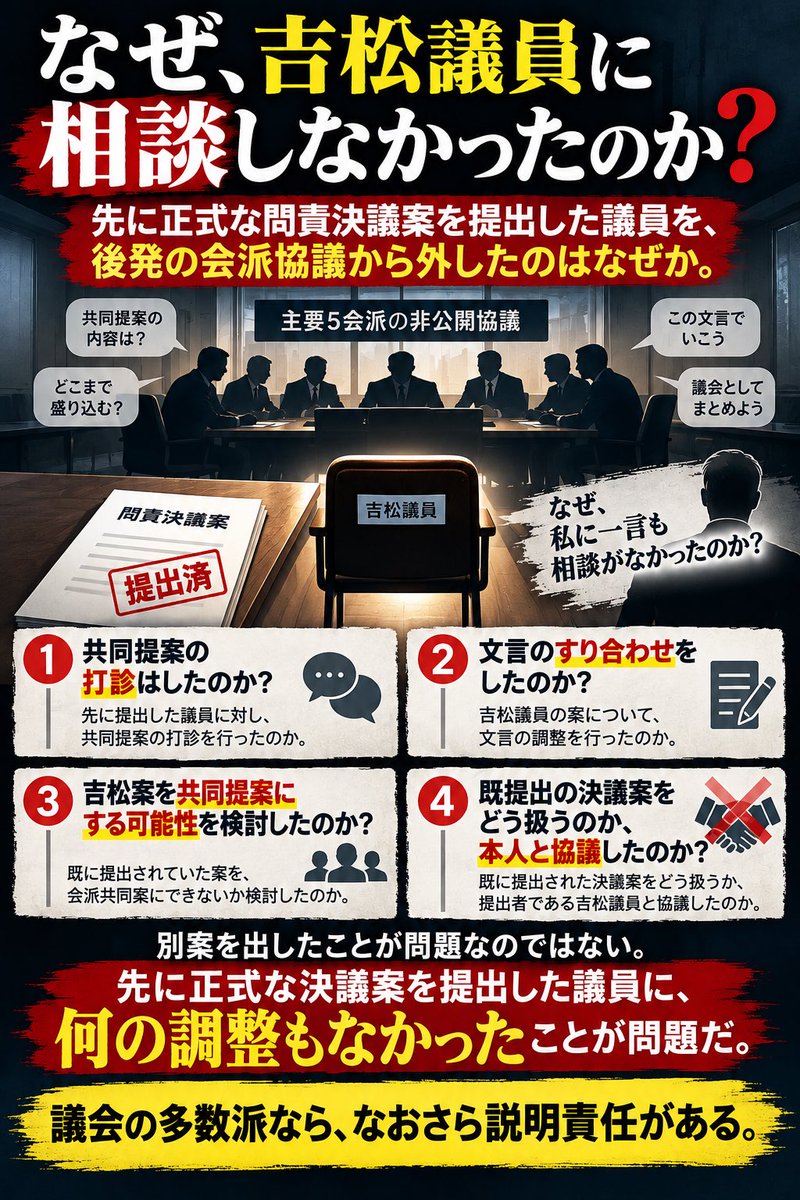 karisomenona's tweet photo. 自民の問責 後出し問題👿

①議長が居留守⁉️その後別案を後出し

②何故、相談やすり合わせをしなかった❓

③所属会派が主導で身内を処理

④本筋は金銭授受問題への過剰反応だった

【福岡県議会】裏アカ林県議の問責決議案を吉松源昭県議が出したのでインタビューしてみた https://t.co/Fu3E5W15XH https://t.co/xr4gdGrjkT