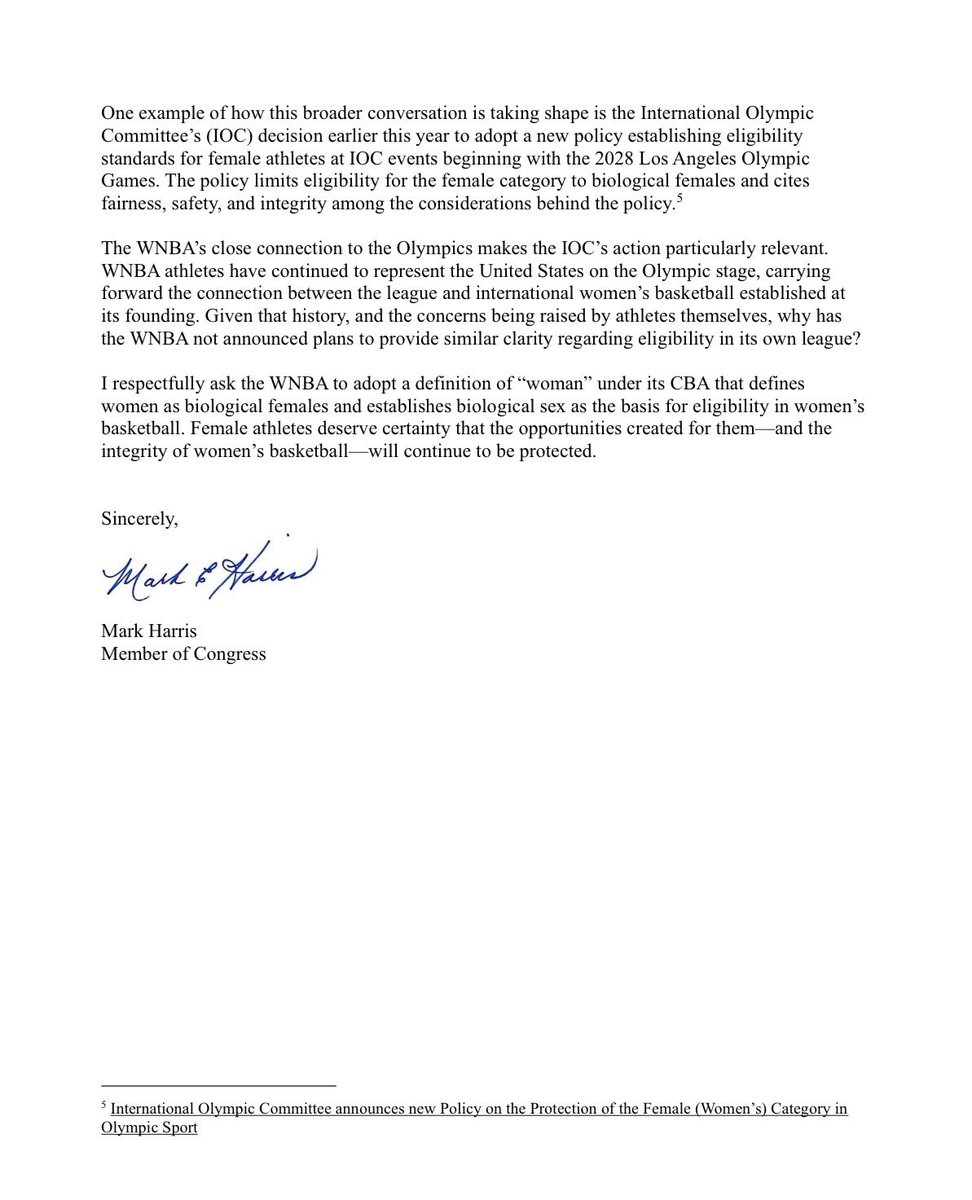 EnesFreedomNews's tweet photo. 🚨 BREAKING:

CONGRESS IS DEMANDING ANSWERS FROM THE @WNBA.

@RepMarkHarrisNC is calling on the #WNBA to define “woman” and establish biological sex as the basis for eligibility.

The pressure is mounting.

Your move, WNBA. https://t.co/UQqTGiTFWl