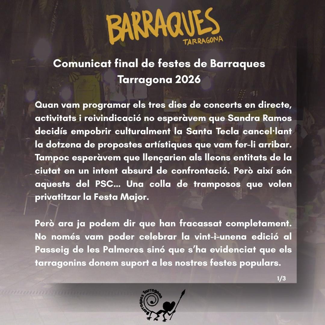 BarraquesTgn's tweet photo. Missatge d'agraïment de la Coordinadora de Barraques Tarragona.

Malgrat la censura política i la repressió hem pogut fer les Barraques 2026.

Seguim i seguirem. No ens doblegareu.

Visca Santa Tecla! Mori el mal govern! https://t.co/Omac3rp5QM