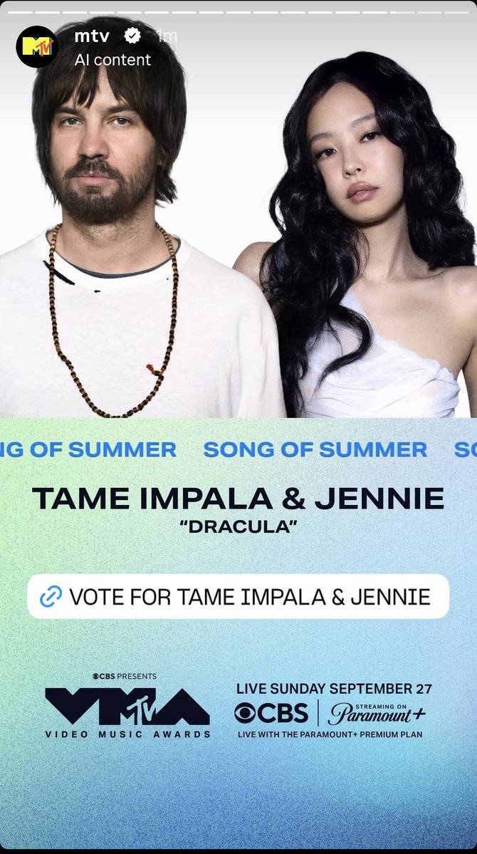 chartsblackpink's tweet photo. Voting for the #VMAs “Song of Summer” has begun!

Head over to @mtv’s IG stories and vote for “Dracula”.

🔗 https://t.co/A7m0FOqmbl

#JENNIE @BLACKPINK https://t.co/kfKmdKzYgL