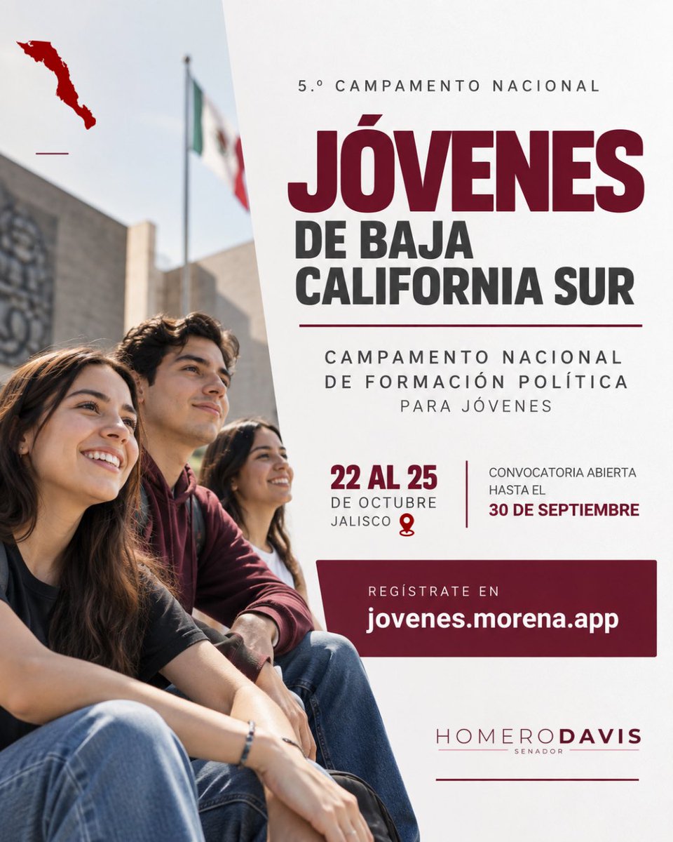 homerodav's tweet photo. ¡Amigas y amigos jóvenes de #BajaCaliforniaSur! 🙌 Su voz y participación son fundamentales en la vida pública de nuestro país. Ya está abierta la convocatoria al 5.º Campamento Nacional de Formación Política para Jóvenes de Morena.

📅 Registro hasta el 30 de septiembre. 🔗 https://t.co/PEqf9gWxgX⁠￼