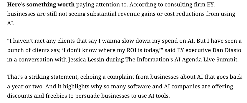 edzitron's tweet photo. Oh look another story that's basically "nobody can measure the ROI of AI" https://t.co/MPFRd0909K