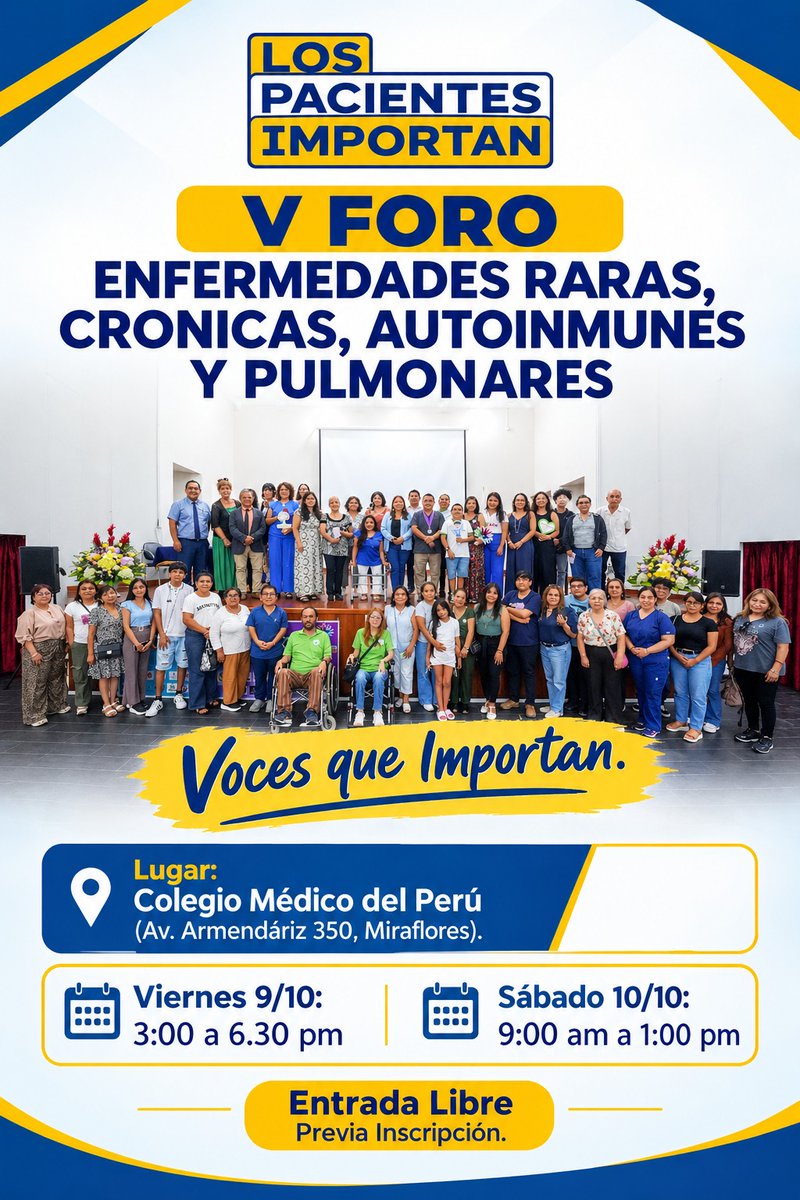 los_pacientes's tweet photo. 📢#LosPacientesImportan te invita a ser parte del V Foro de Enfermedades Raras, Crónicas, Autoinmunes y Pulmonares: "Voces que Importan".
📍 Colegio Médico del Perú, Av. Armendáriz 350, Miraflores
Viernes 9/10: 3 a 6:30pm
Sábado 10/10: 9am a 2pm
Registro: https://t.co/PWH3mmsV0T https://t.co/VhXAR8tGNx