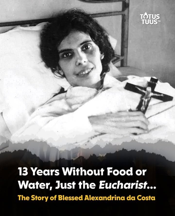 JustAdaugoijele's tweet photo. The story of Blessed Alexandrina Maria da Costa is one of the most extraordinary Eucharistic miracles recorded in modern Church history.

She was born on March 30, 1904, in a small village in Balasar, into a poor but deeply Catholic family. As a young girl, Alexandrina loved prayer, especially devotion to Our Lord in the Blessed Sacrament and to the Virgin Mary.

But when she was 14 years old, a tragic event changed her life forever. To escape three men who tried to assault her, she jumped from a window in her home to protect her purity. The fall severely damaged her spine. At first she could still move a little, but over time her condition worsened until she became completely paralyzed and bedridden.
By the age of 21, Alexandrina was totally unable to move.

For the rest of her life she would remain in bed, suffering constant and intense pain. Yet instead of falling into despair, she offered her suffering to Jesus for the conversion of sinners and for peace in the world. She would often say that her mission was to be “a victim soul” united with Christ’s Passion.

From 1938 to 1942, she experienced mystical visions of the Passion of Christ every Friday, reliving the sufferings of Jesus in her own body. Witnesses testified that during these moments she would mystically participate in Christ’s agony.

Then something even more astonishing happened.

On October 13, 1942, Alexandrina stopped taking all food and drink completely. From that day forward, she lived only on the Holy Eucharist, receiving Holy Communion daily, for more than 13 years until her death on October 13, 1955.
Doctors and Church authorities closely observed her.

In 1943, she was admitted to the hospital in Foz do Douro for strict medical supervision for about 40 days. During this time, she was constantly monitored to determine whether she was secretly eating or drinking.
According to the medical reports, she consumed nothing and yet continued to live, without signs of dehydration or malnutrition that would normally lead to death.

Throughout these years, she promoted deep devotion to the Eucharist and called people to repentance, prayer, and consecration to the Immaculate Heart of Mary. She repeatedly offered her suffering for the consecration of the world to Mary.

She died on October 13, 1955, the anniversary of the final apparition at Fátima, something she had prayed to live to see.
After a long investigation into her life and virtues, she was beatified by Pope John Paul II on April 25, 2004.

Blessed Alexandrina’s life remains a powerful testimony to the Catholic belief that the Holy Eucharist is truly the Body and Blood of Christ, spiritual nourishment capable of sustaining not just the soul, but in extraordinary cases, even the body by God’s grace.

Blessed Alexandrina de Costa
Pray for us 🌹 🌹 🌹