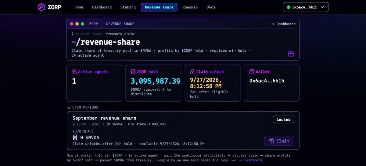 ZorpDigital's tweet photo. $ZORP REVENUE SHARE 

Holding $ZORP is more than just holding a token — it gives you access to the ZORP revenue-sharing ecosystem.

The Revenue Share dashboard is now available, allowing eligible holders to track their position, active Agents, claim status, and $NVDA rewards directly from one place.

How it works:

◆ Hold the required amount of $ZORP
◆ Keep at least 1 Agent active
◆ Maintain eligibility for 24 hours
◆ Claim your share after the period unlocks
◆ Rewards are distributed in $NVDA from the treasury pool

No staking lock is required for the Revenue Share system. Your allocation is determined by your eligible $ZORP holdings — the more eligible $ZORP you hold, the larger your potential share of the distribution.

Everything can be monitored transparently through the ZORP dashboard.

Hold. Build Agents. Share the revenue.

$ZORP × $NVDA