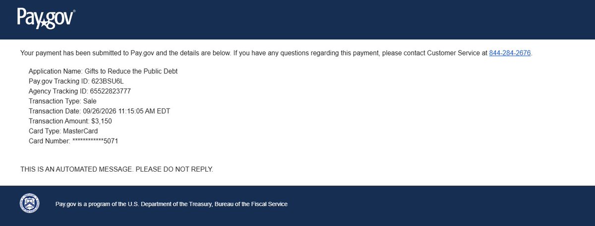 natdebtfund's tweet photo. $3,150 of token fees have been gifted to reduce the national debt. https://t.co/ihEspDg9eI