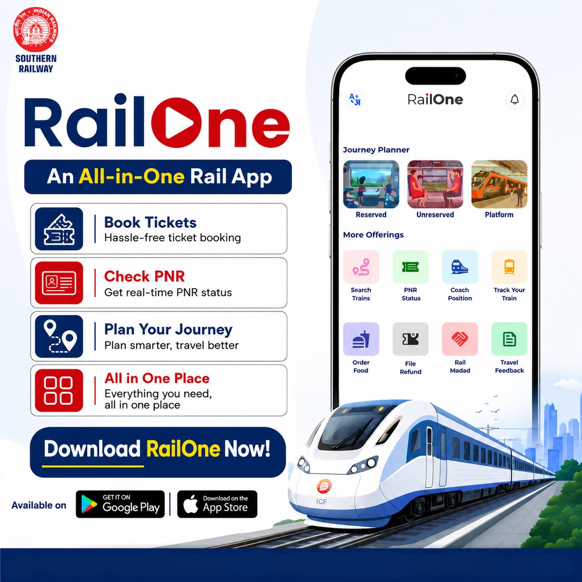 SalemDRM's tweet photo. #RailOne
One App - Complete Rail Solution

Plan your journey
Book Reserved, Unreserved, Platform Tickets and more...
Access multiple railway services through a single, user-friendly interface !

Enjoy a hassle-free, paperless and convenient travel !

@GMSRailway https://t.co/LvZFT3ombf