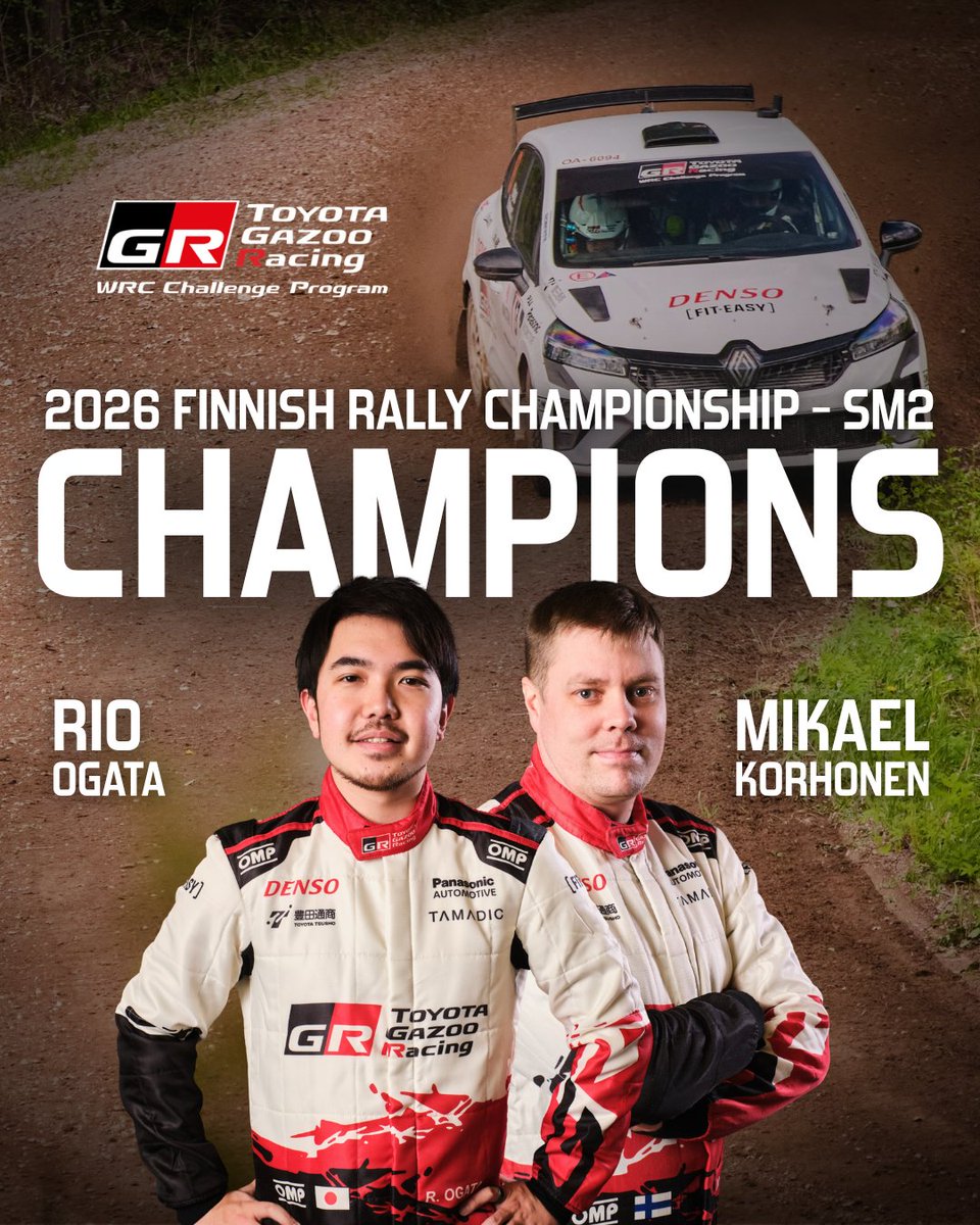 TGR_WRC_NextGen's tweet photo. Finnish Rally Champions! 🏆

TGR WRC Challenge Program driver Rio Ogata wins the SM2 class alongside co-driver Mikael Korhonen, becoming the first Japanese driver to ever win a Finnish Rally Championship title! 🇯🇵
 
#ToyotaGAZOORacing #ChallengeProgram https://t.co/yMpzQC20w7