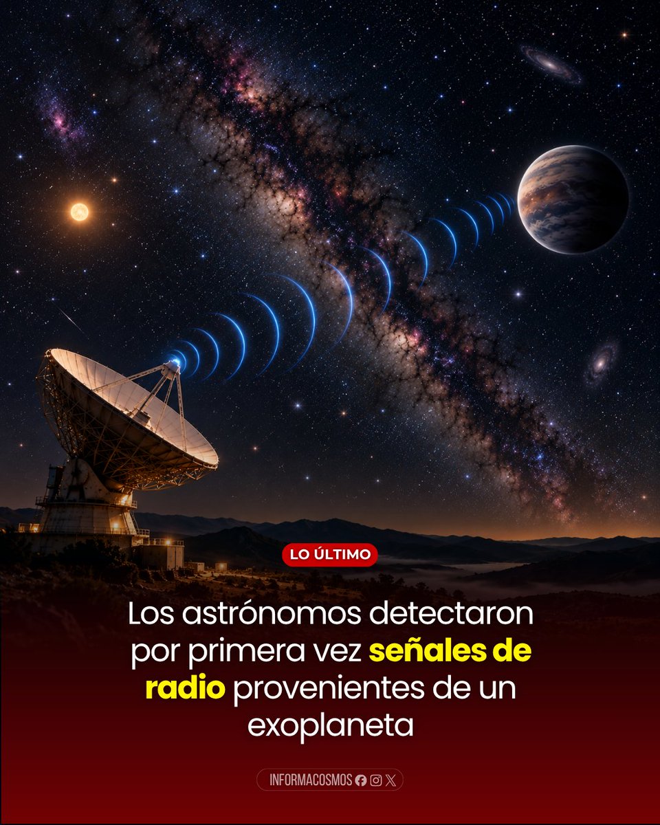 InformaCosmos's tweet photo. LO ÚLTIMO: Astrónomos detectaron por primera vez señales de radio directamente desde un exoplaneta ubicado a unos 64 años luz de la Tierra.

Las señales provienen de Beta Pictoris b y serían producidas por auroras generadas por su potente campo magnético, similares a las de Júpiter.
