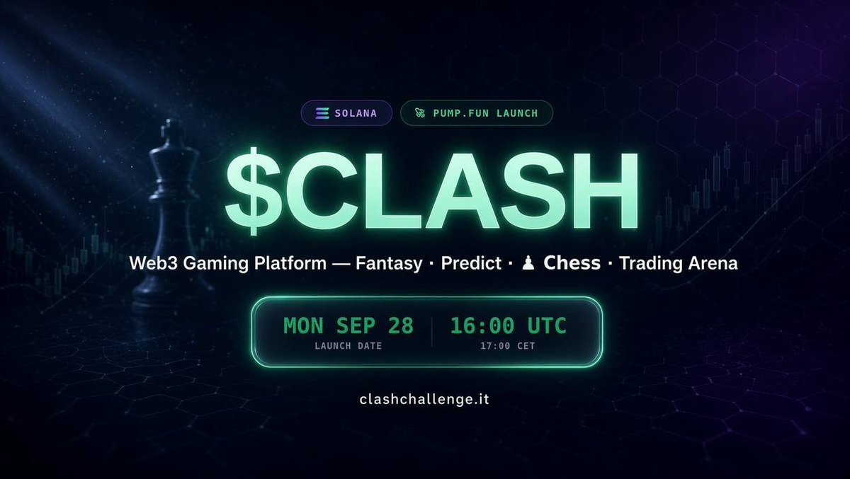 real_paulinho_'s tweet photo. 🚀 Sept 28 | 16:00 UTC

$CLASH is bringing Web3 gaming to Solana ♟️

Chess 1v1 + rewards, Fantasy Football, Trading, Predict &amp; more.

🎮 Built for gamers. Powered by $CLASH.

👉 https://t.co/d3MlUQMPnV

#CLASH #Solana https://t.co/Tl2ZkrmeSr