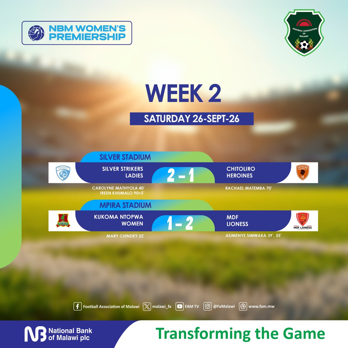 FaMalawi's tweet photo. Silver Strikers Ladies edge Chitoliro Heroines 2-1, while MDF Lioness secure a 2-1 victory over Kukoma Ntopwa Women. https://t.co/1UBxk6pzoe