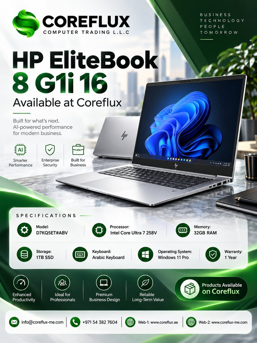 CorefluxLLC's tweet photo. Built for modern business.
HP EliteBook 8 G1i 16 with Intel Core Ultra 7 258V, 32GB RAM, 1TB SSD, Arabic keyboard and Windows 11 Pro.
Available at Coreflux.
#HP #EliteBook #BusinessLaptop #Coreflux #Windows11Pro https://t.co/287MMagVWo
