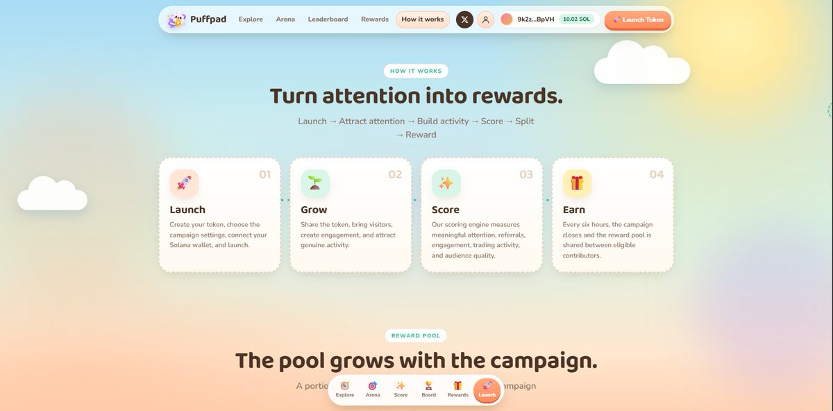 TryPuffPad's tweet photo. Puffpad turns attention into a measurable part of the token economy.

Creators launch a token and build a campaign around it. As activity grows, a portion of eligible trading fees flows into a shared reward pool. Puffpad measures attention through an Attention Score, combining meaningful engagement, visitors, referrals, trading activity and audience quality.

The flow is simple: Launch → Grow → Score → Earn.

Every six hours, the campaign closes and the reward pool is distributed among eligible contributors based on their share of attention. The goal is to reward genuine activity and meaningful contribution rather than noise or raw posting volume.

Puffpad brings launches, community activity and rewards into one simple experience - turning attention into something measurable and valuable.