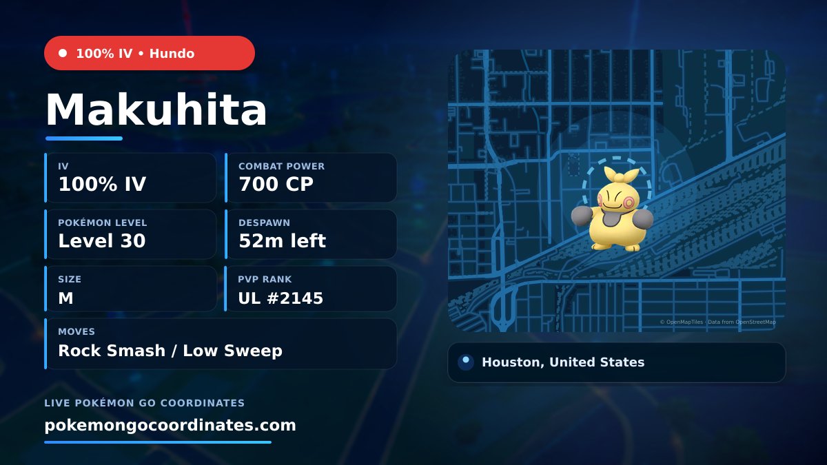 CoordsPokemonGo's tweet photo. #Makuhita Wild Spawns
π―% IV β’ 700 CP β’ Level 30
Despawns in 52m
π 29.792331,-95.308821
#Shundo β’ #ShinyCheck https://t.co/5RuuzRDlub