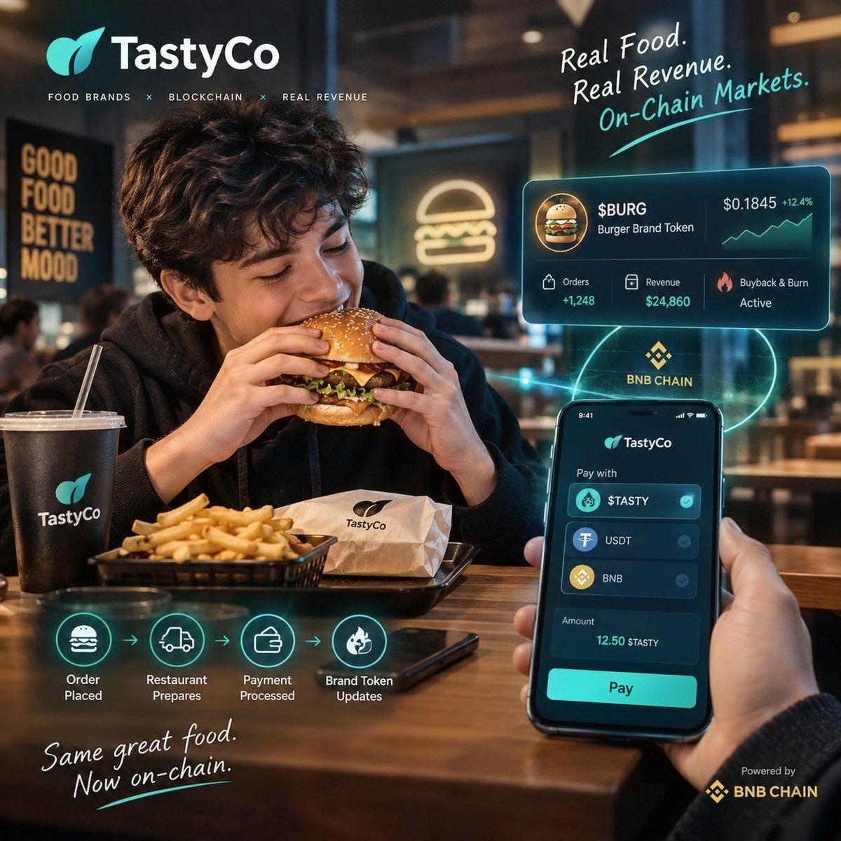 Alamin01928's tweet photo. What if food brands could become on-chain assets?

That’s the idea behind @tastyCo.

Real food brands generate real orders and revenue. TastyCo connects that real-world activity with blockchain through tokenized brand markets, automated royalty flows, buybacks, and token burns.

The bigger vision is simple:

Real food businesses + modern infrastructure + on-chain markets.

Instead of building the financial layer years later, TastyCo is trying to make it part of the brand from day one.