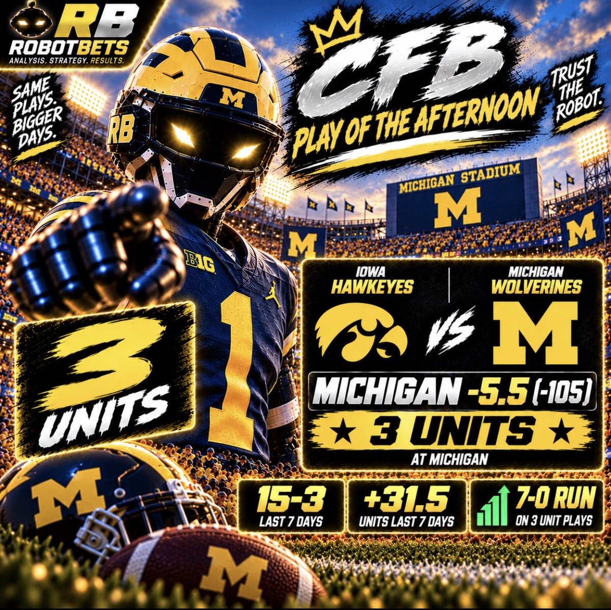 RobotBets's tweet photo. 🔥 3 UNIT PLAY OF THE AFTERNOON 🔥

MICHIGAN -5.5 (-105)〽️

7-0 RUN ON 3 UNIT PLAYS 📈

15-3 L7 DAYS | +31.5 UNITS 🤖💰 https://t.co/JN6EoqPqt8
