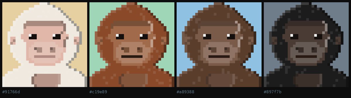 SilverbacksNFT's tweet photo. Same scar, four fur colours, four different hex values. Traits here are code, not layered PNGs https://t.co/10yUub2HfG