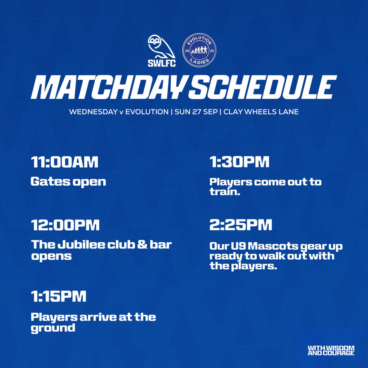 swlfcofficial's tweet photo. ⏱️ Here are today’s key timings at Clay Wheels Lane, from gates opening through to the final whistle.
We’ll see you there. 👊
#swlfc | #oneteam | #WithWisdomAndCourage https://t.co/6gTbP4osTu