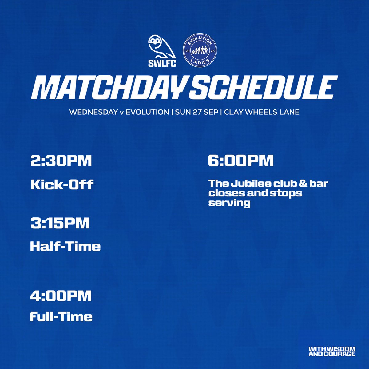 swlfcofficial's tweet photo. ⏱️ Here are today’s key timings at Clay Wheels Lane, from gates opening through to the final whistle.
We’ll see you there. 👊
#swlfc | #oneteam | #WithWisdomAndCourage https://t.co/6gTbP4osTu