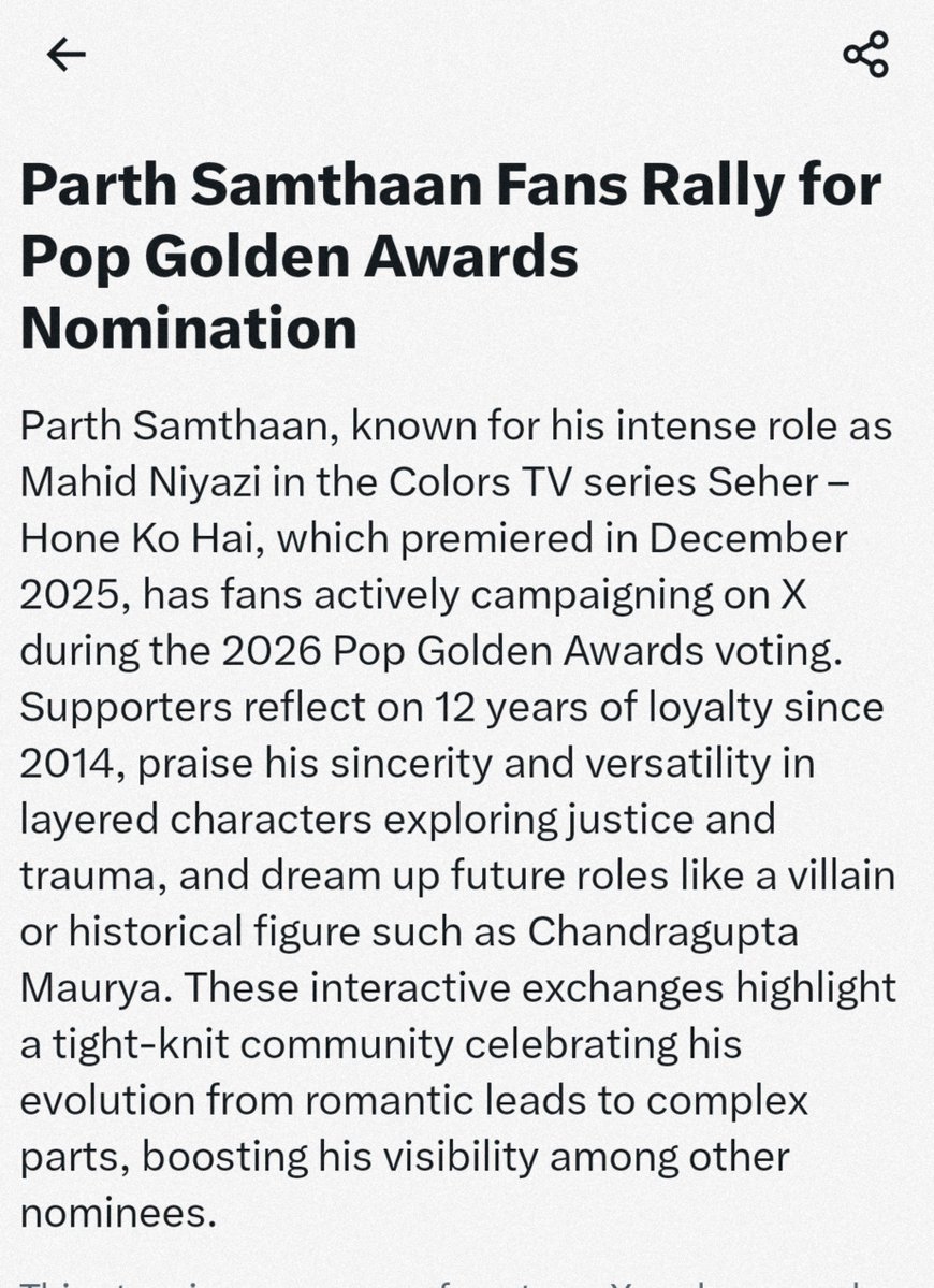 TeamMahidniyazi's tweet photo. I Vote #ParthSamthaan for #PopGoldenAwards2026 https://t.co/LgeuRhEltL