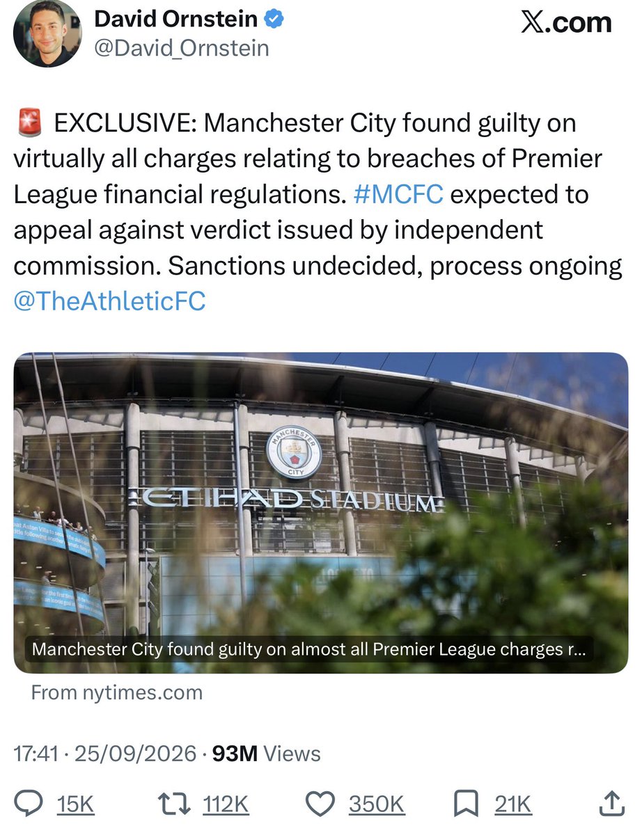 City_Chief's tweet photo. 93 MILLION views. 350,000 likes. 112,000 reposts. 🤯

One #ManCity story has practically taken over X.

Love us or hate us, you simply can’t ignore us.

Manchester City are MASSIVE. 💪🏻😎 https://t.co/VCz5NecxgM