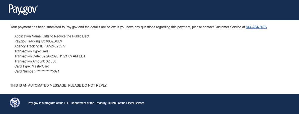 natdebtfund's tweet photo. $2,850 of token fees have been gifted to reduce national debt. https://t.co/1syoRmnIMN