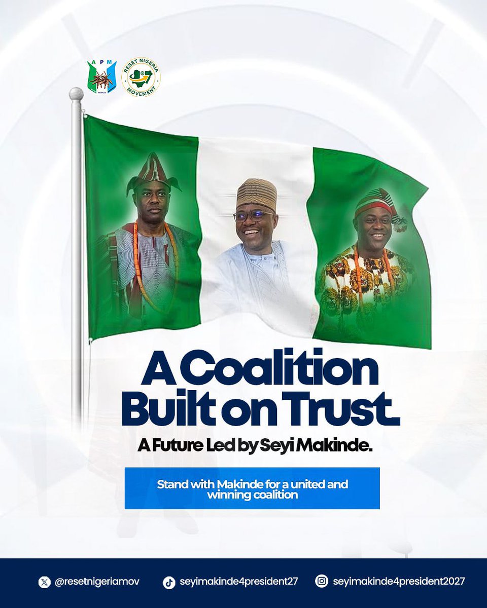 RESETNIGERIAMOV's tweet photo. Nigeria has never lacked different political voices. The bigger question is whether those voices can come together when the national interest demands it.

Seyi Makinde has been pushing for greater cooperation among opposition forces, with the PDP/APM alliance marking one step in that direction.

A coalition does not mean everyone thinks alike. It means people are willing to find the issues they can agree on and work from there.

Different voices. One conversation. A shared direction.

Reset Nigeria. Rebuild Nigeria. Move Nigeria Forward.

#Voteseyimakinde4president #Seyimakinde4president2027 #Nigeriafirst #Resetnigeria2027 #Seyimakinde2027
