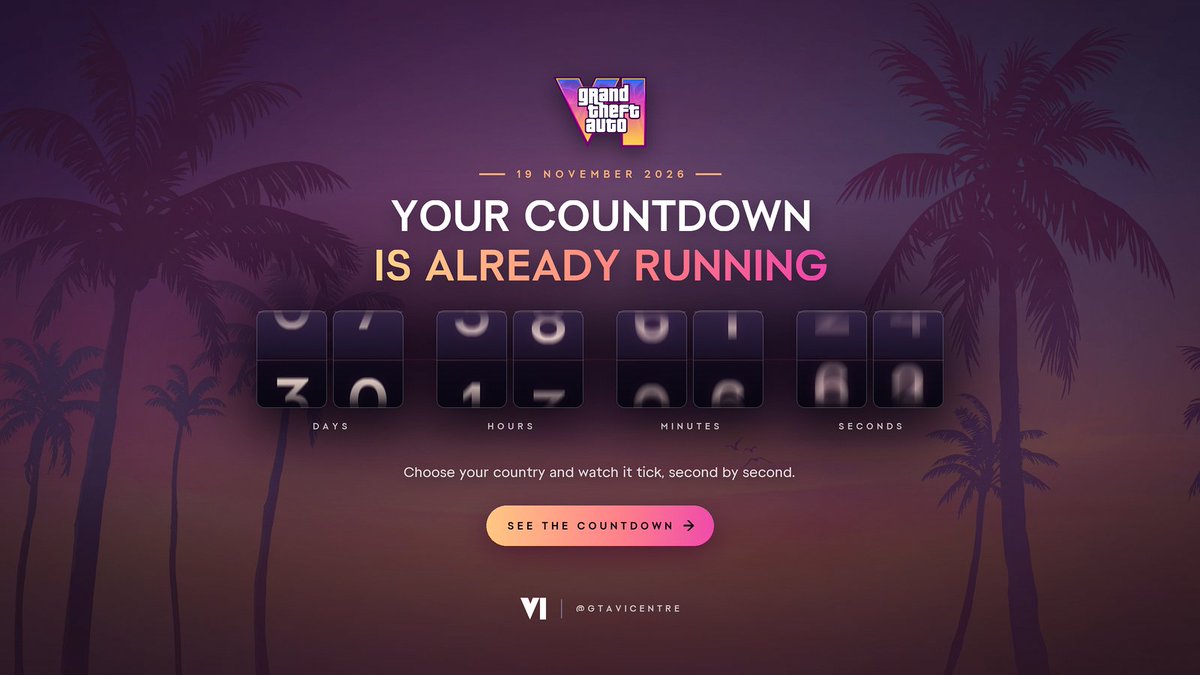 GTAVICentre's tweet photo. Reminder: your GTA VI countdown is already running.

Check the exact time left for your country here:
https://t.co/Iry4toAjiM

#GTAVI #GTA6 https://t.co/t4NV6jW1xN