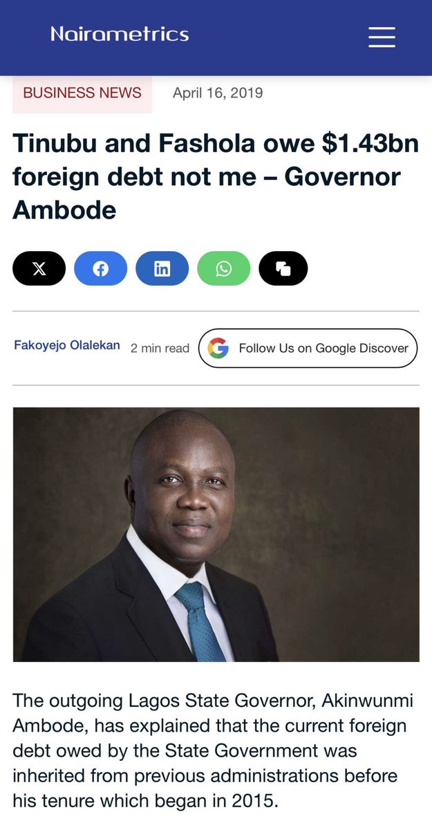 firstladyship's tweet photo. According to Debt Management Office (DMO), at the end of Tinubu’s tenure, Lagos external debt as of 31 Dec 2007 was $243,283,449.

Pablo left behind a massive ₦100 billion debt for Fashola. What did he do with the money??? https://t.co/pQNvsiNSiv