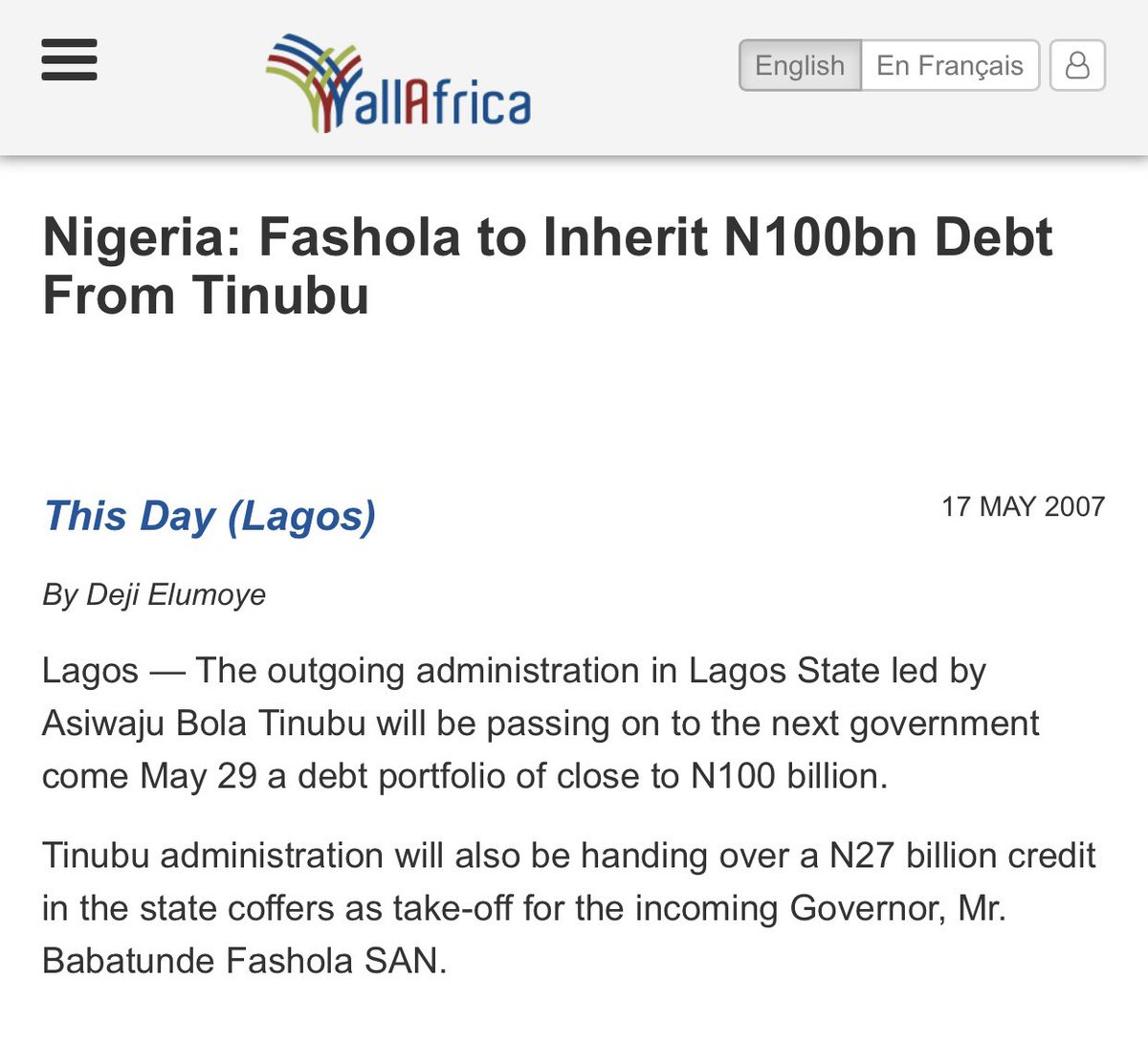 firstladyship's tweet photo. According to Debt Management Office (DMO), at the end of Tinubu’s tenure, Lagos external debt as of 31 Dec 2007 was $243,283,449.

Pablo left behind a massive ₦100 billion debt for Fashola. What did he do with the money??? https://t.co/pQNvsiNSiv