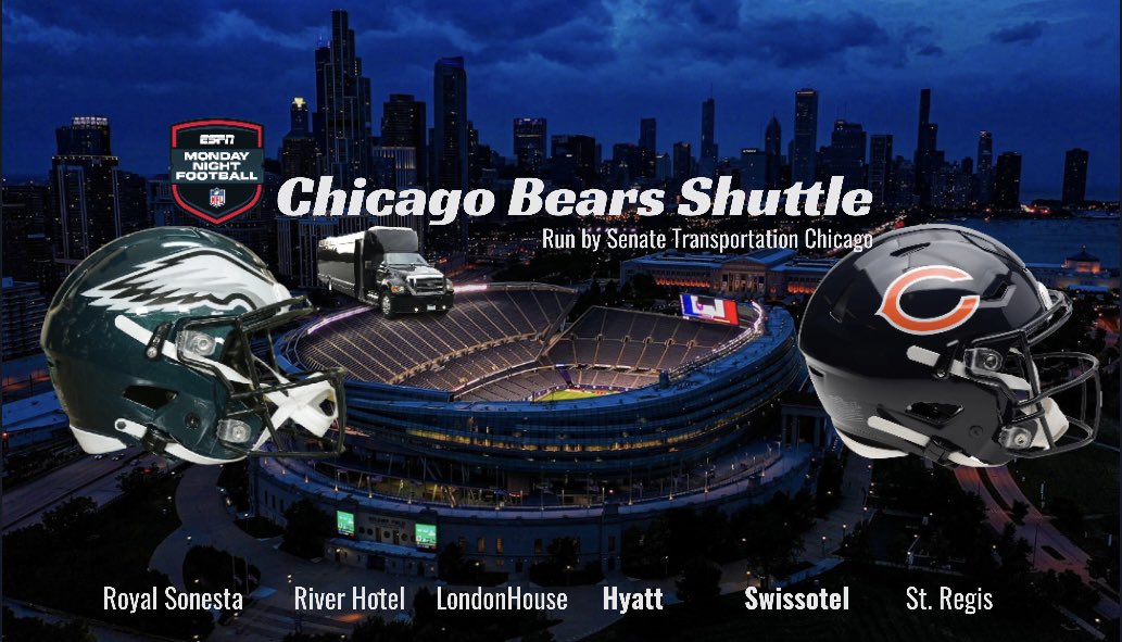 SenateTransport's tweet photo. Are you going to the
#MondayNightFootball game of the year?🏈
Are you staying on #WackerDrive ?
#DaBears #FlyEaglesFly
Book A seat our Wacker Drive Shuttle
from (6) hotels:
straight (2) ➡️ #SoldierField ⬇️
https://t.co/4YS7lPdQVY
#BearDown #CalebWilliams #Eagles #Bears https://t.co/M2ZWESPrVS