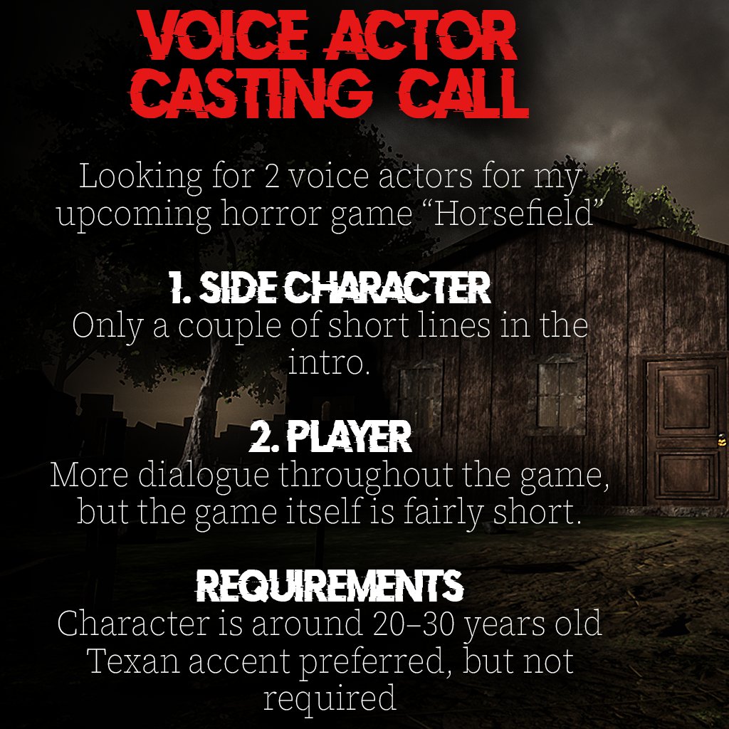 cyanidetimedev's tweet photo. #VoiceActor CASTING CALL!
Looking for 2 voice actors for my upcoming horror game.

No payment is available, but you’ll be fully credited wherever your voice is used.

If interested, DM me with a voice sample and which role you’re interested in. https://t.co/azDlIbe5Q1