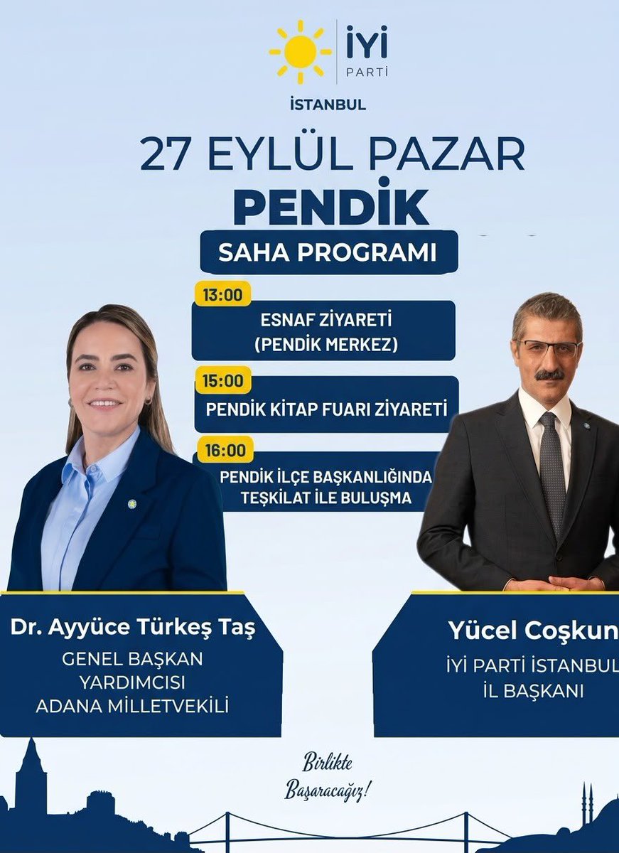 iyiparti_34's tweet photo. 27 Eylül Pazar günü Pendik’te saha programımızı gerçekleştiriyoruz.

Genel Başkan Yardımcımız ve Adana Milletvekilimiz Dr. Ayyüce Türkeş Taş ile İstanbul İl Başkanımız Yücel Coşkun’un katılımıyla; esnaf ziyaretleri, Pendik Kitap Fuarı ziyareti ve ilçe binamızda teşkilat buluşmasında Pendiklilerle bir araya geleceğiz.

📍 Pendik
🗓️ 27 Eylül Pazar