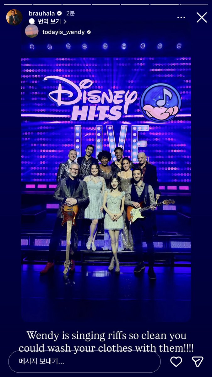 mywanandtheonly's tweet photo. disney hits live music director reposted wendy’s ig story and wrote

‘Wendy is singing riffs so clean you could wash your clothes with them!!!’

🥹😭 https://t.co/c3GPH90X12