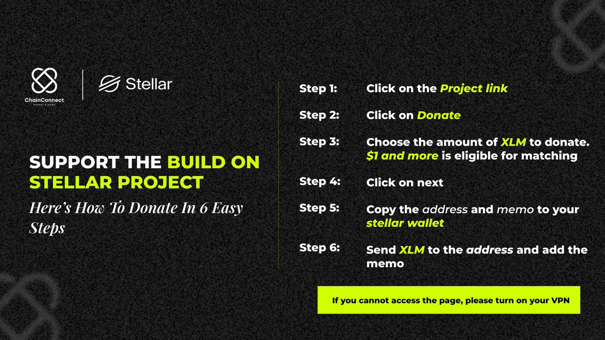 ChainConnectNG's tweet photo. Ready to support the Build on Stellar project? 🚀

Here’s exactly how to donate, no complicated steps, just follow the image.

Every donation from $1 is eligible for matching. Round closes Oct 4.

Link: https://t.co/D1Cbizod6g https://t.co/oC2OZZJrzd