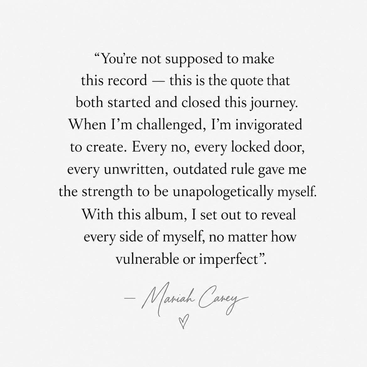 chartmariah's tweet photo. One year ago, @MariahCarey released her sixteenth studio album, 'Here For It All'.

“You're not supposed to make this record — this is the quote that both started and closed this journey When I'm challenged, I'm, invigorated to create”. https://t.co/WOfu7XqGIU